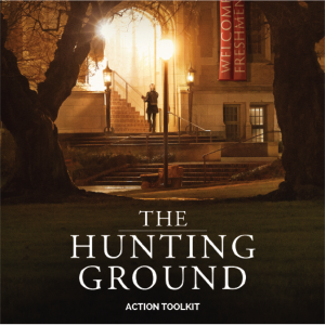 Cover of the Hunting Ground Toolkit with picture of college building at night, one person and a light post featured prominantly