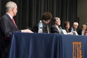 From left, the presidents of Dartmouth, Amherst, Montana, North Carolina, UCLA and Virginia speak at the University of Virginia’s dialogue on sexual misconduct.