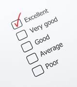 White paper with Excellent, very good, good, average, or poor options and check boxes next to them.  Excellent has a red check mark in the check box.
