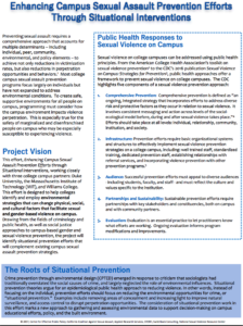cover of Enhancing Campus Sexual Assault Prevention Efforts Through Situational Interventions with a lot of small word iwth whit background and blue bar at bottom
