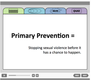 Folder with cover of Primary Prevention Primer. Text reads: Primary Prevention = stopping violence before it has a chance to happen