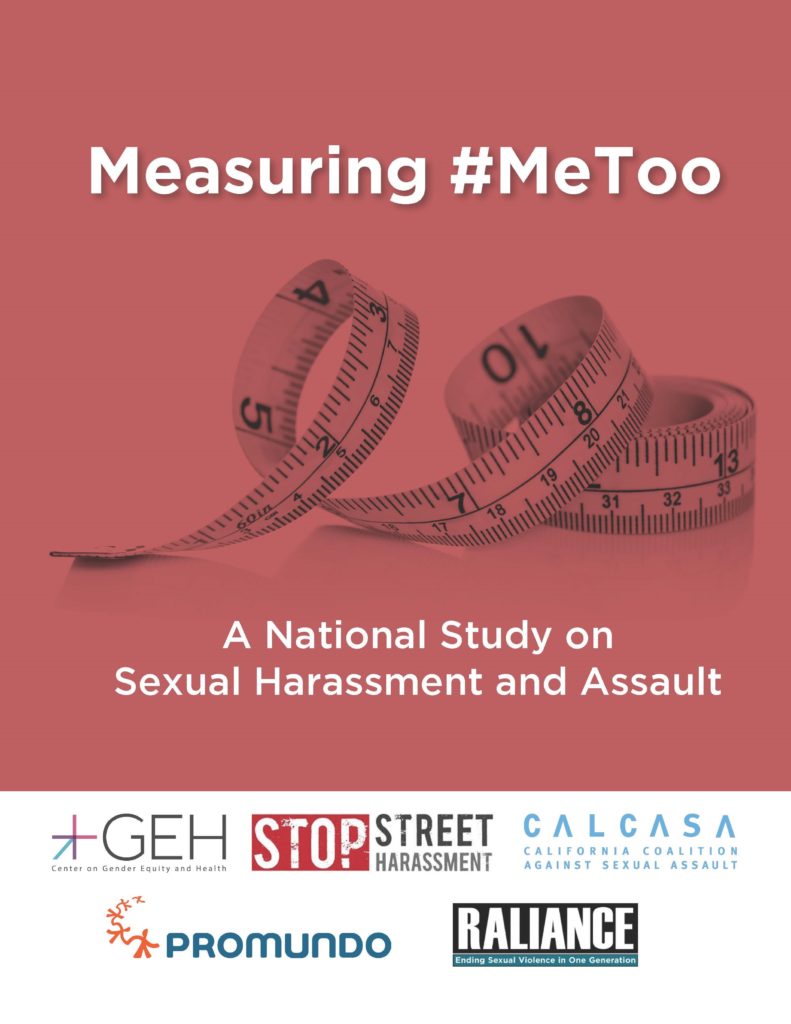 Measuring #MeToo A National Studey on Sexual Harassment and Assault.  Measuirng tape in rust/red background with logos of Cener on Gedner Equity and Health, Stop Street Harassment, CALCASA, RALIANCE, and Promiundo